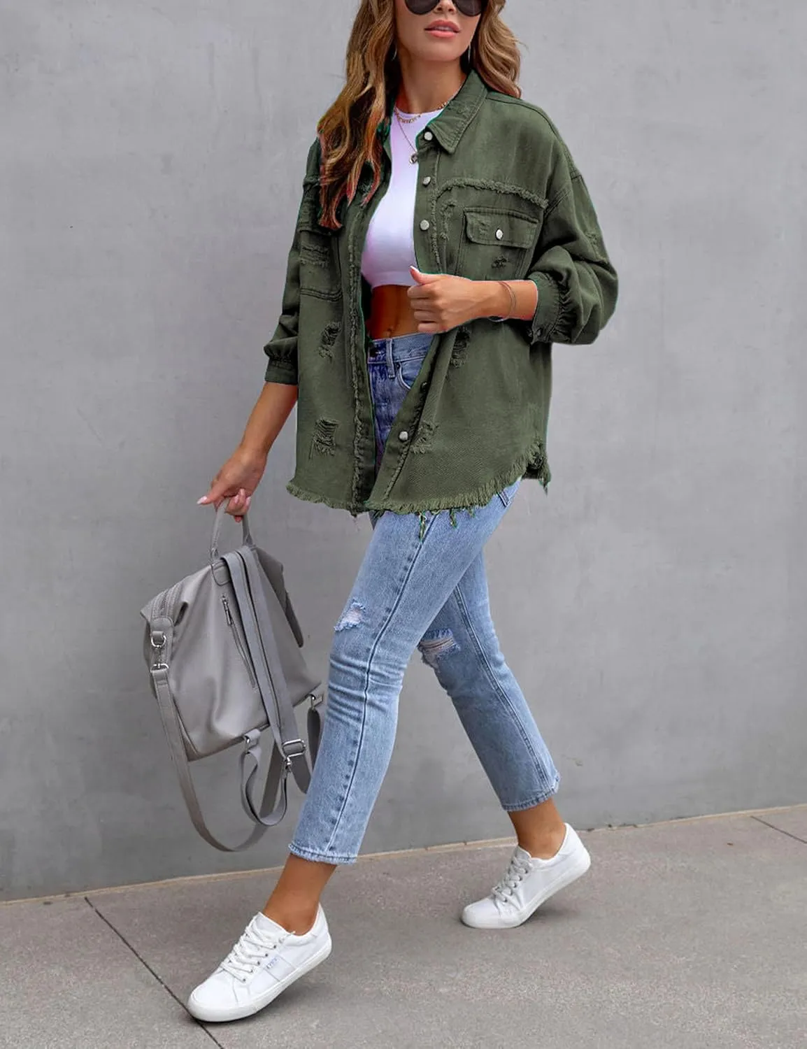 Womens Ripped Distressed Denim Jacket Tops Oversized Casual Long Sleeve Basic Jean Jacket Coats