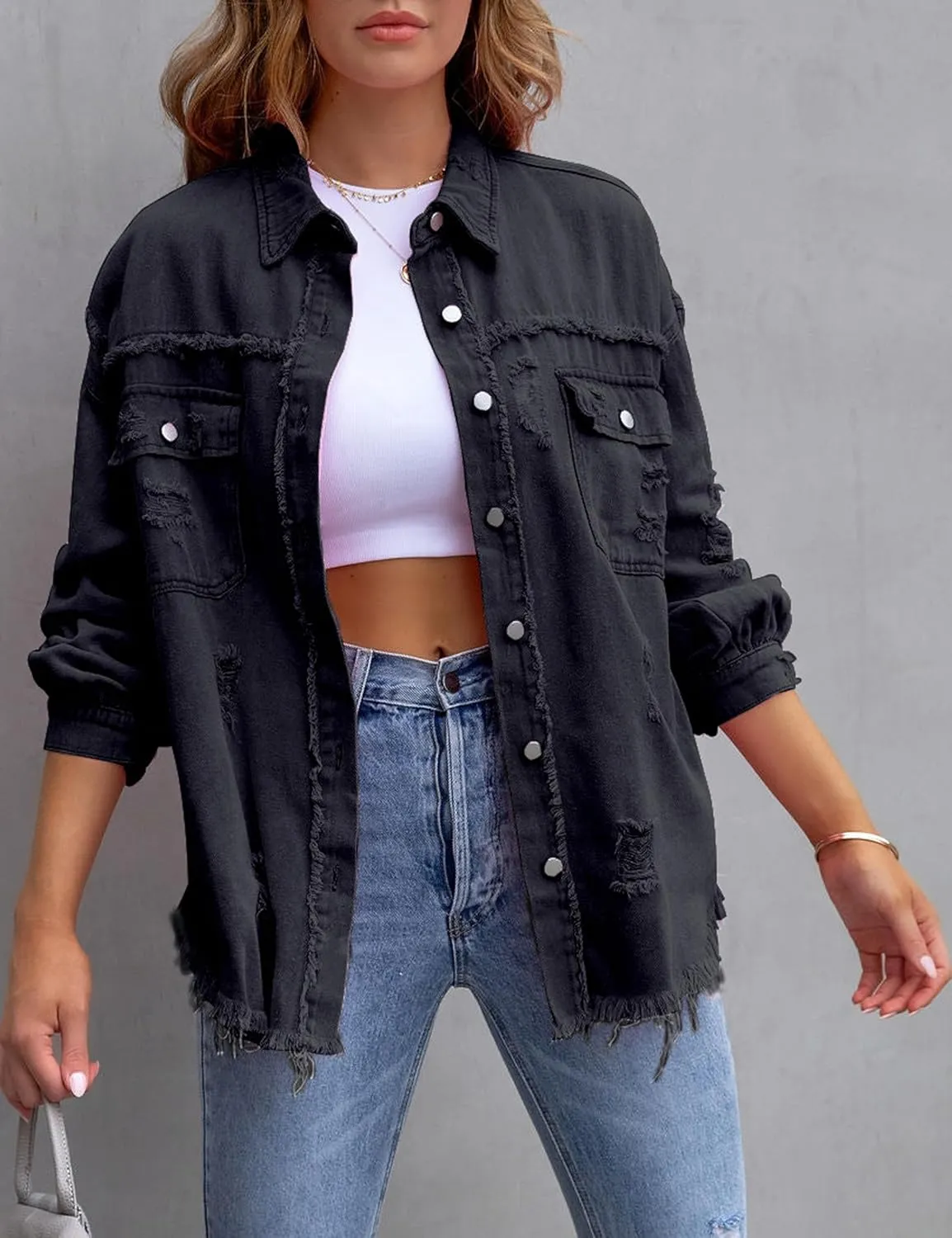 Womens Ripped Distressed Denim Jacket Tops Oversized Casual Long Sleeve Basic Jean Jacket Coats