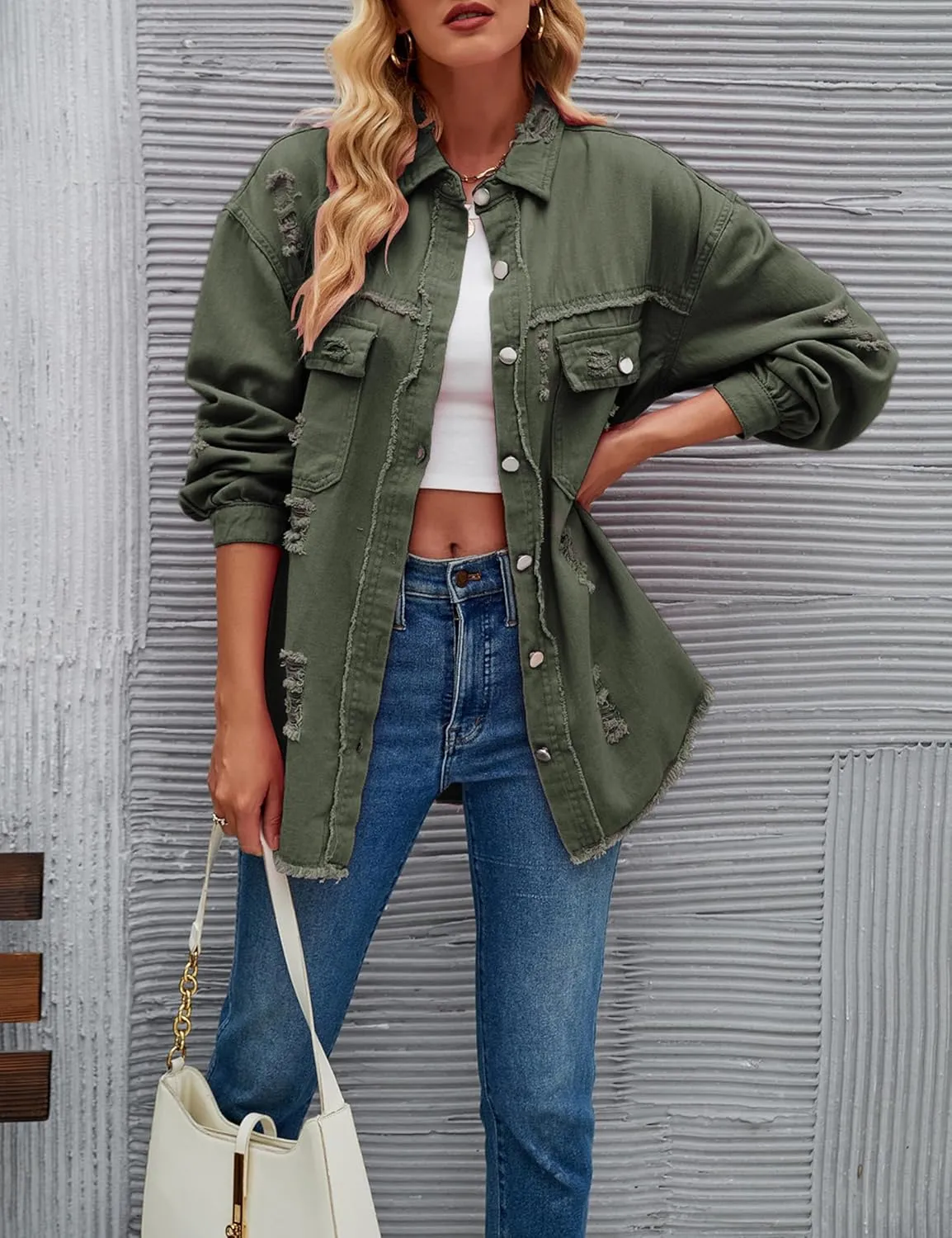 Womens Ripped Distressed Denim Jacket Tops Oversized Casual Long Sleeve Basic Jean Jacket Coats