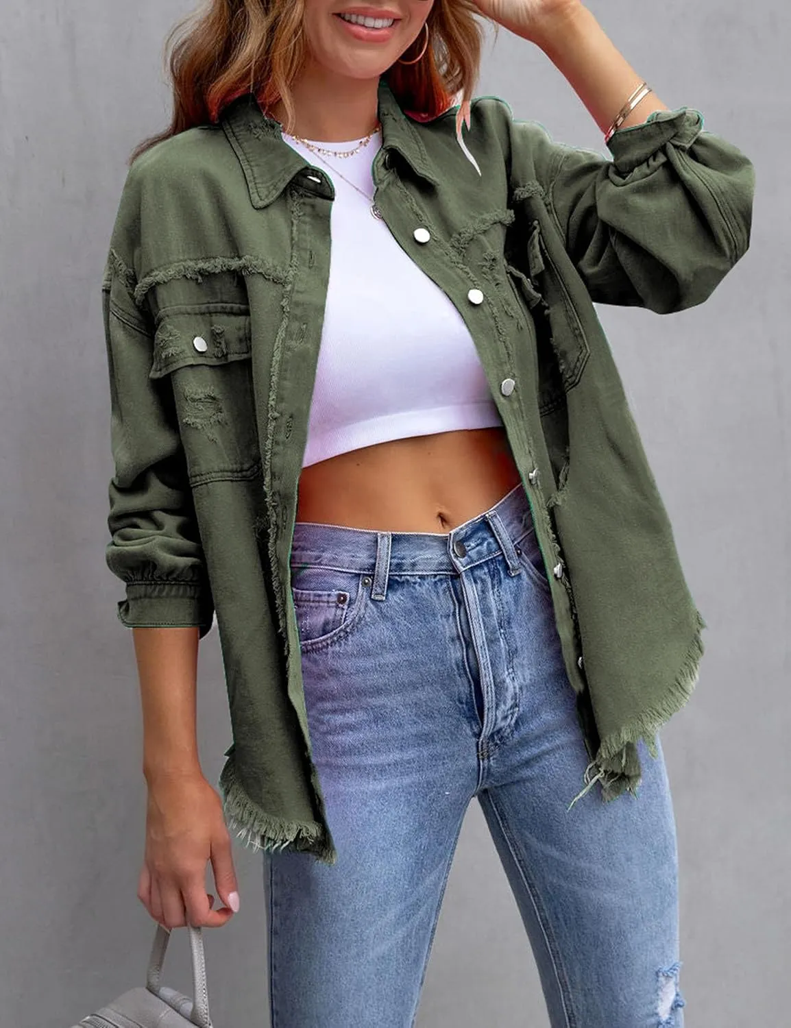 Womens Ripped Distressed Denim Jacket Tops Oversized Casual Long Sleeve Basic Jean Jacket Coats