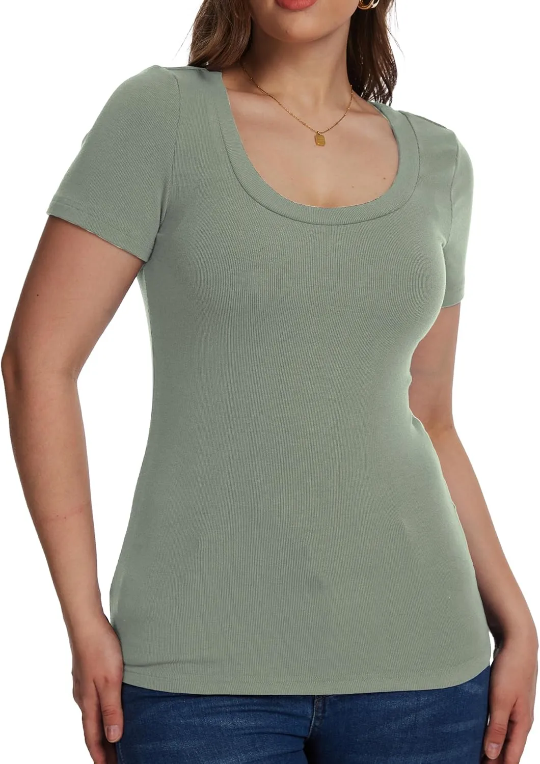 Womens Short Sleeve Tops Scoop Neck Ribbed Casual Basic Tee Spring Summer Shirts Slim Fitted 2025 Trendy Outfits