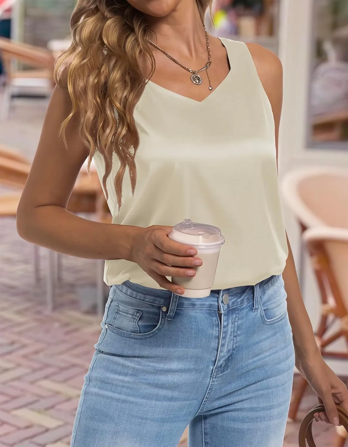 Women's Silk Satin Tank Tops V Neck Camisole Casual Cami Sleeveless Shirt Blouses Silky Basic Tanks