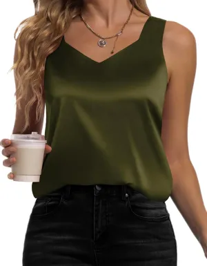 Women's Silk Satin Tank Tops V Neck Camisole Casual Cami Sleeveless Shirt Blouses Silky Basic Tanks