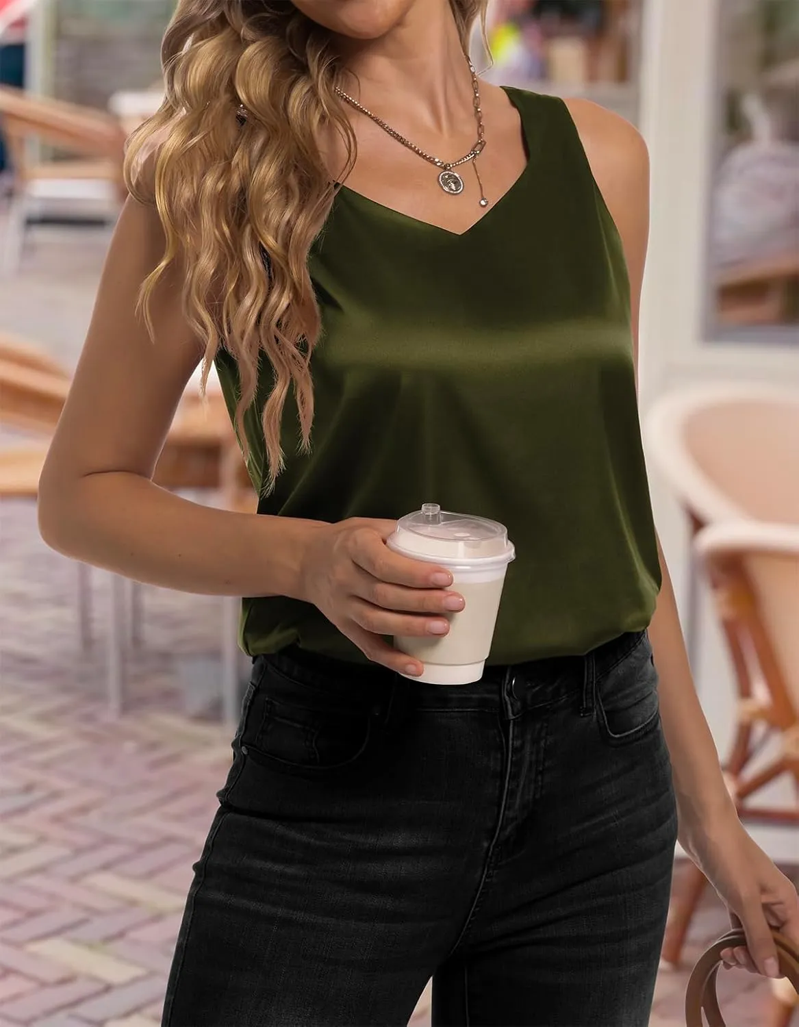 Women's Silk Satin Tank Tops V Neck Camisole Casual Cami Sleeveless Shirt Blouses Silky Basic Tanks