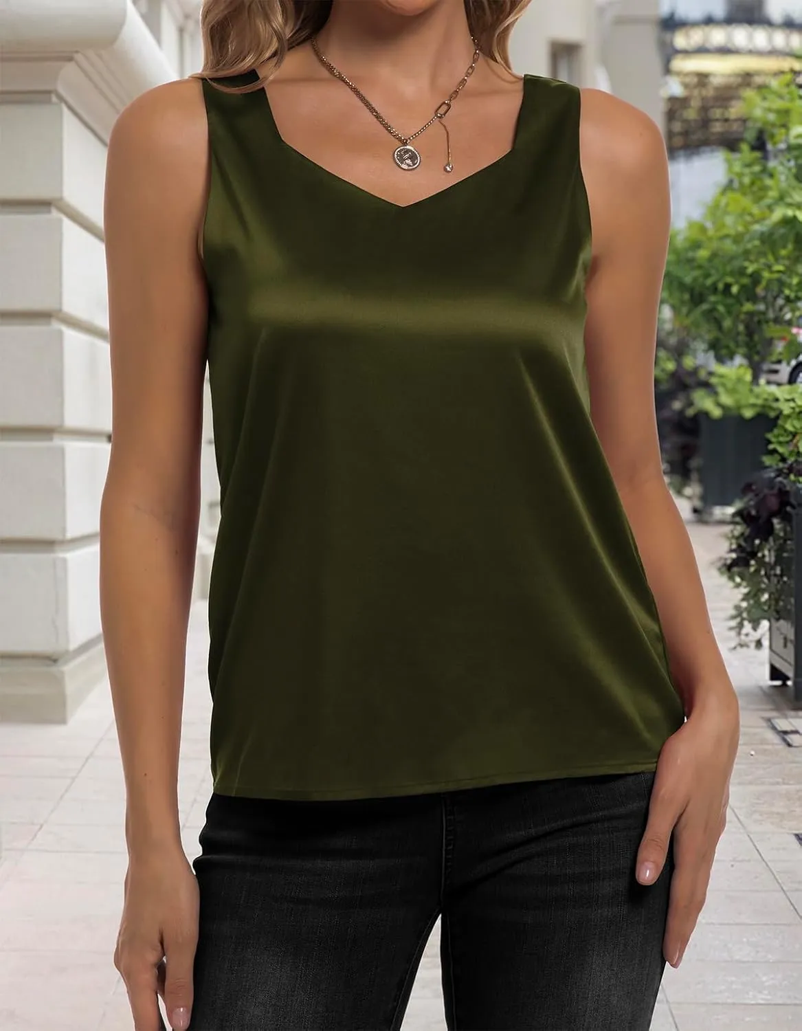 Women's Silk Satin Tank Tops V Neck Camisole Casual Cami Sleeveless Shirt Blouses Silky Basic Tanks