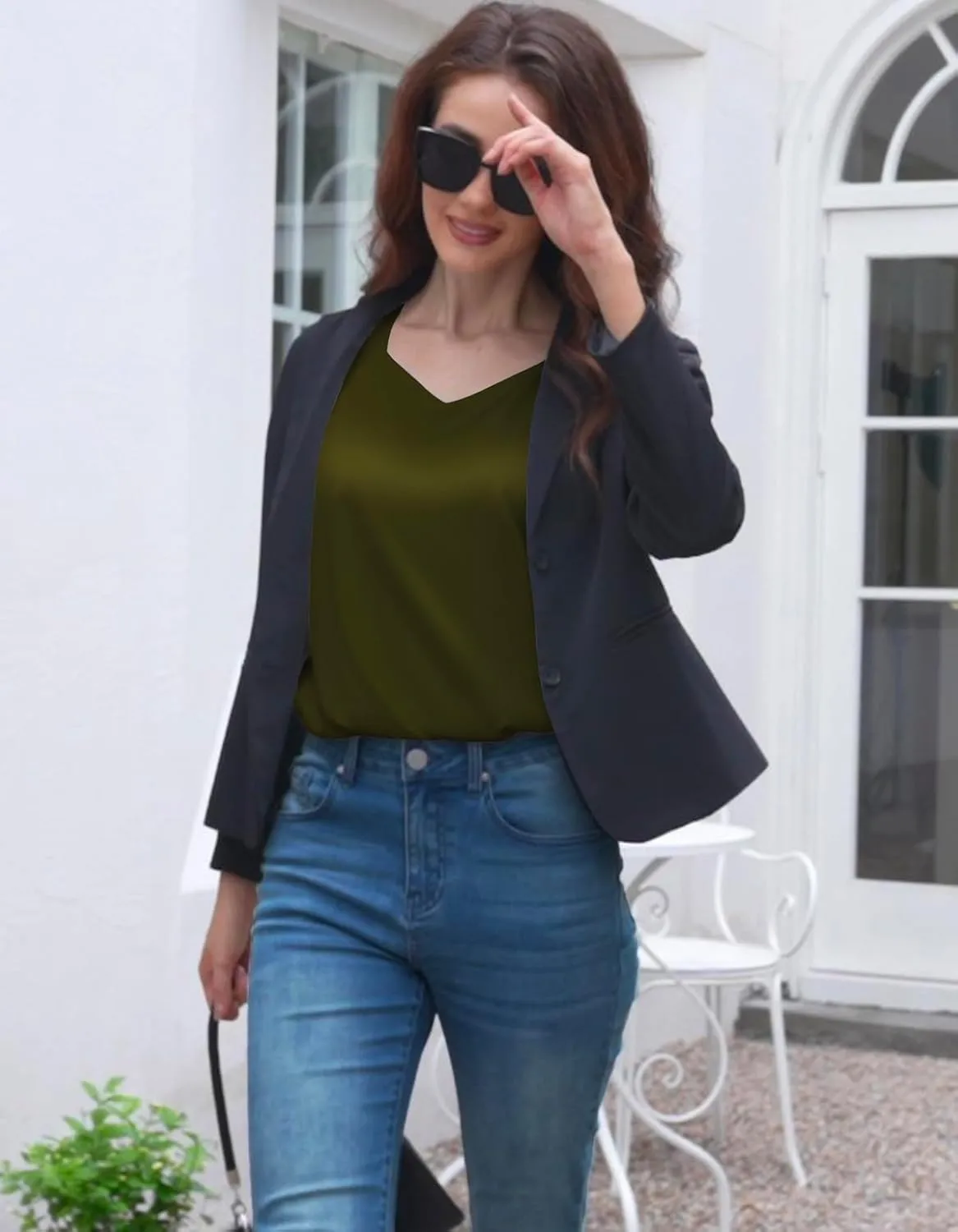 Women's Silk Satin Tank Tops V Neck Camisole Casual Cami Sleeveless Shirt Blouses Silky Basic Tanks