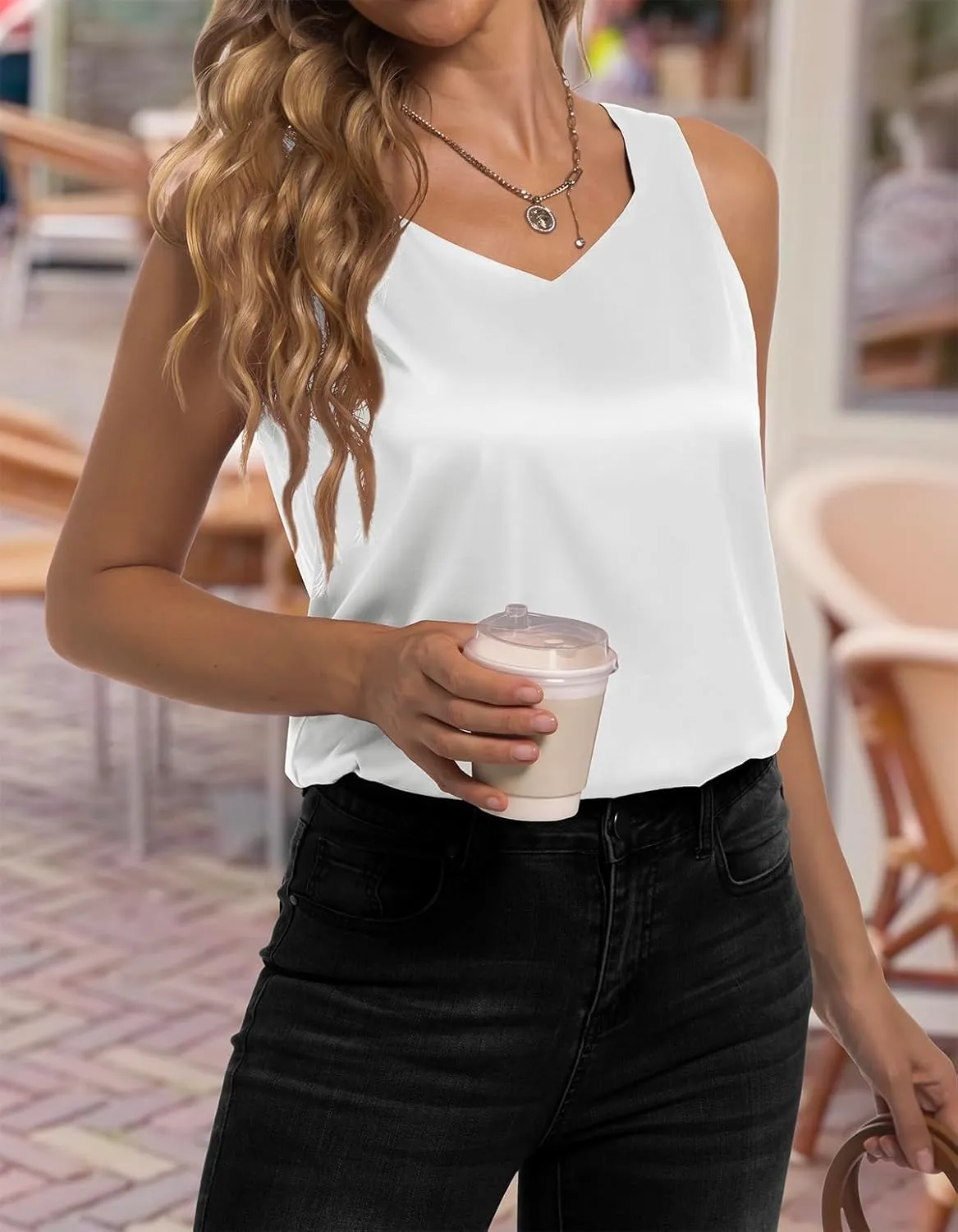 Women's Silk Satin Tank Tops V Neck Camisole Casual Cami Sleeveless Shirt Blouses Silky Basic Tanks