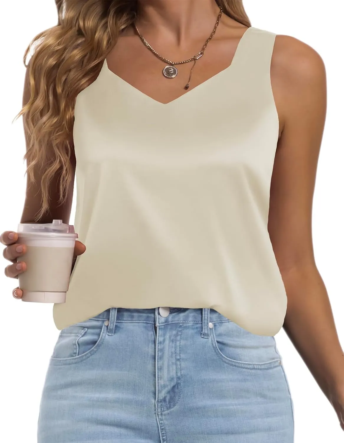 Women's Silk Satin Tank Tops V Neck Camisole Casual Cami Sleeveless Shirt Blouses Silky Basic Tanks
