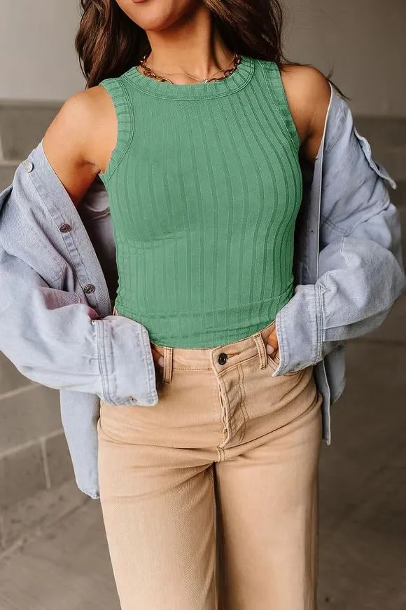 Women's Sleeveless Crewneck Tank Tops Summer Basic Ribbed Knit Slim Fit Cami Tops