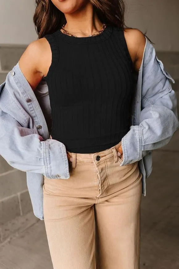 Women's Sleeveless Crewneck Tank Tops Summer Basic Ribbed Knit Slim Fit Cami Tops