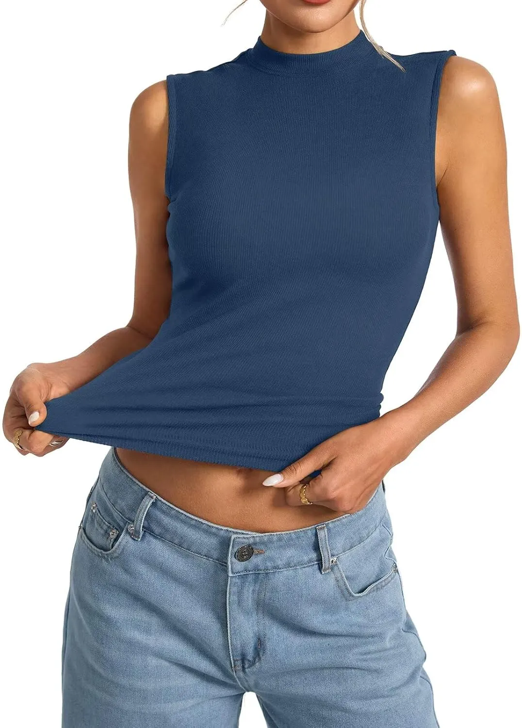 Women's Sleeveless Mock Turtle Neck Tops Fitted Ribbed Tank Top Basic Summer Shirts Spring Outfits 2025