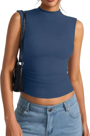 Women's Sleeveless Mock Turtle Neck Tops Fitted Ribbed Tank Top Basic Summer Shirts Spring Outfits 2025