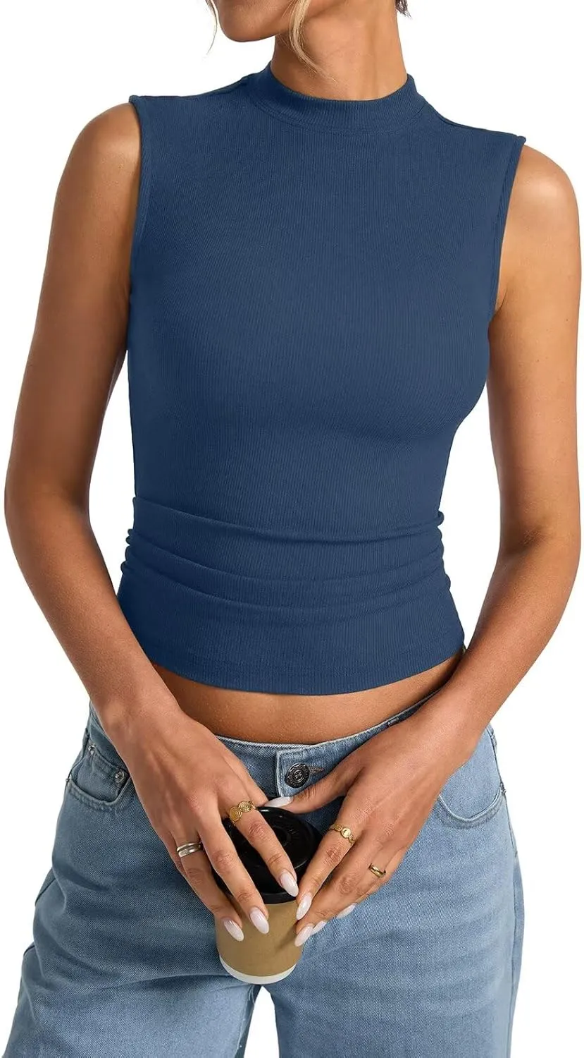 Women's Sleeveless Mock Turtle Neck Tops Fitted Ribbed Tank Top Basic Summer Shirts Spring Outfits 2025