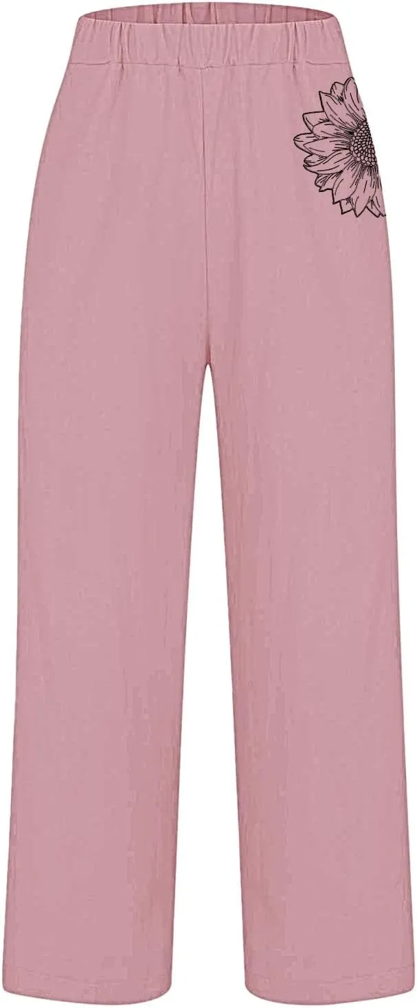 Women's Solid Cotton Linen Straight Pants Elastic High Waisted Casual Pants with Printed Pockets Summer Comfy Trousers