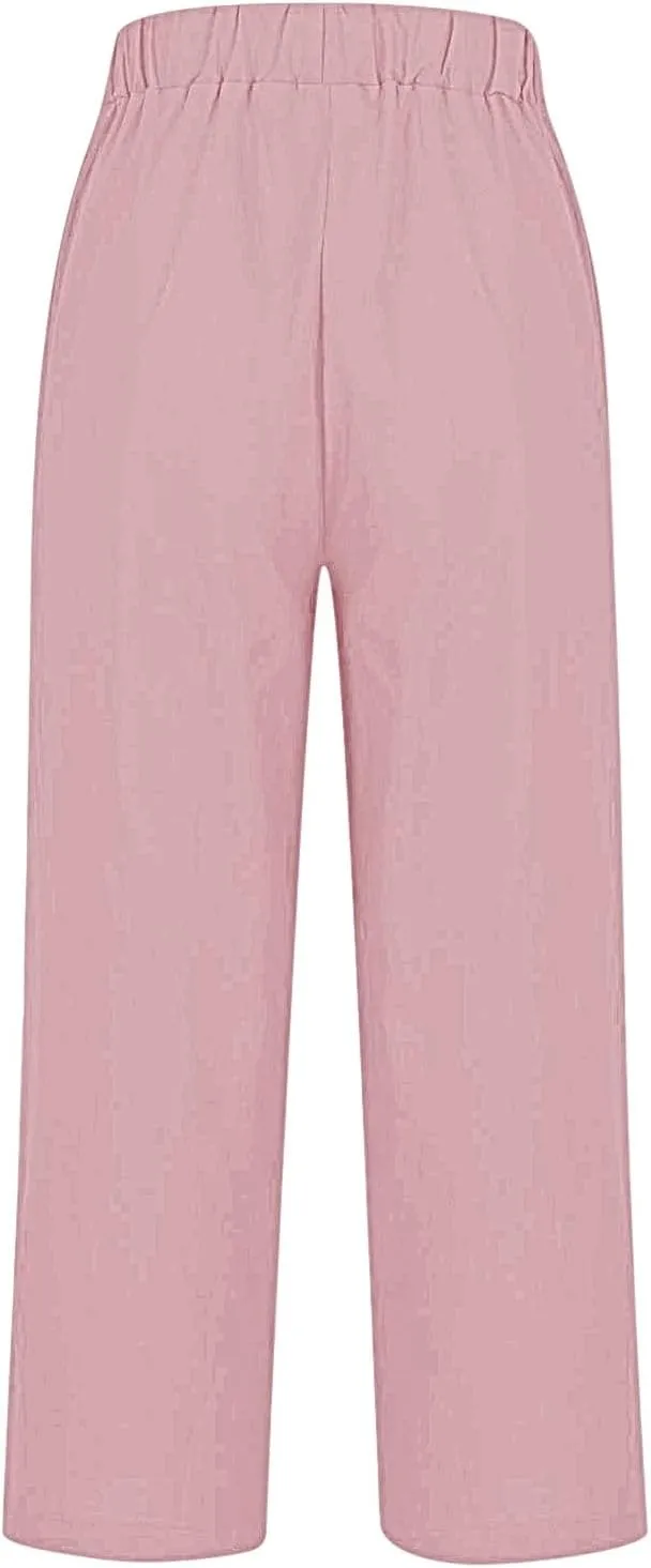 Women's Solid Cotton Linen Straight Pants Elastic High Waisted Casual Pants with Printed Pockets Summer Comfy Trousers