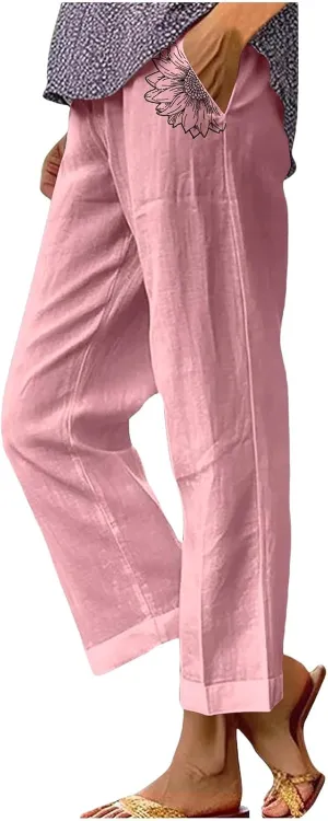 Women's Solid Cotton Linen Straight Pants Elastic High Waisted Casual Pants with Printed Pockets Summer Comfy Trousers