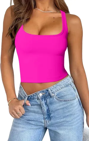 Womens Solid Square Neck Sleevless Crop Tops Summer Casual Basic Racerback Tank Tops