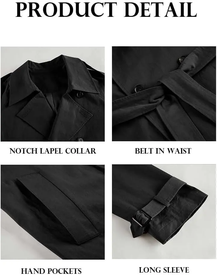 Women's Solid Windbreaker Slim Fit Trench Coat Long Jacket Outerwear with Belt Button