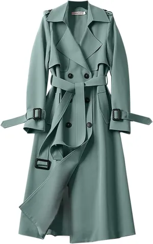 Women's Solid Windbreaker Slim Fit Trench Coat Long Jacket Outerwear with Belt Button