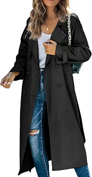 Women's Solid Windbreaker Slim Fit Trench Coat Long Jacket Outerwear with Belt Button
