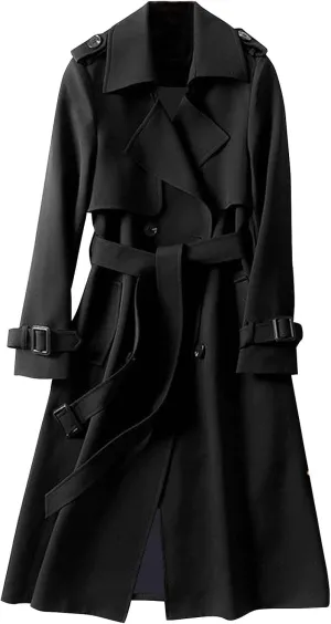Women's Solid Windbreaker Slim Fit Trench Coat Long Jacket Outerwear with Belt Button