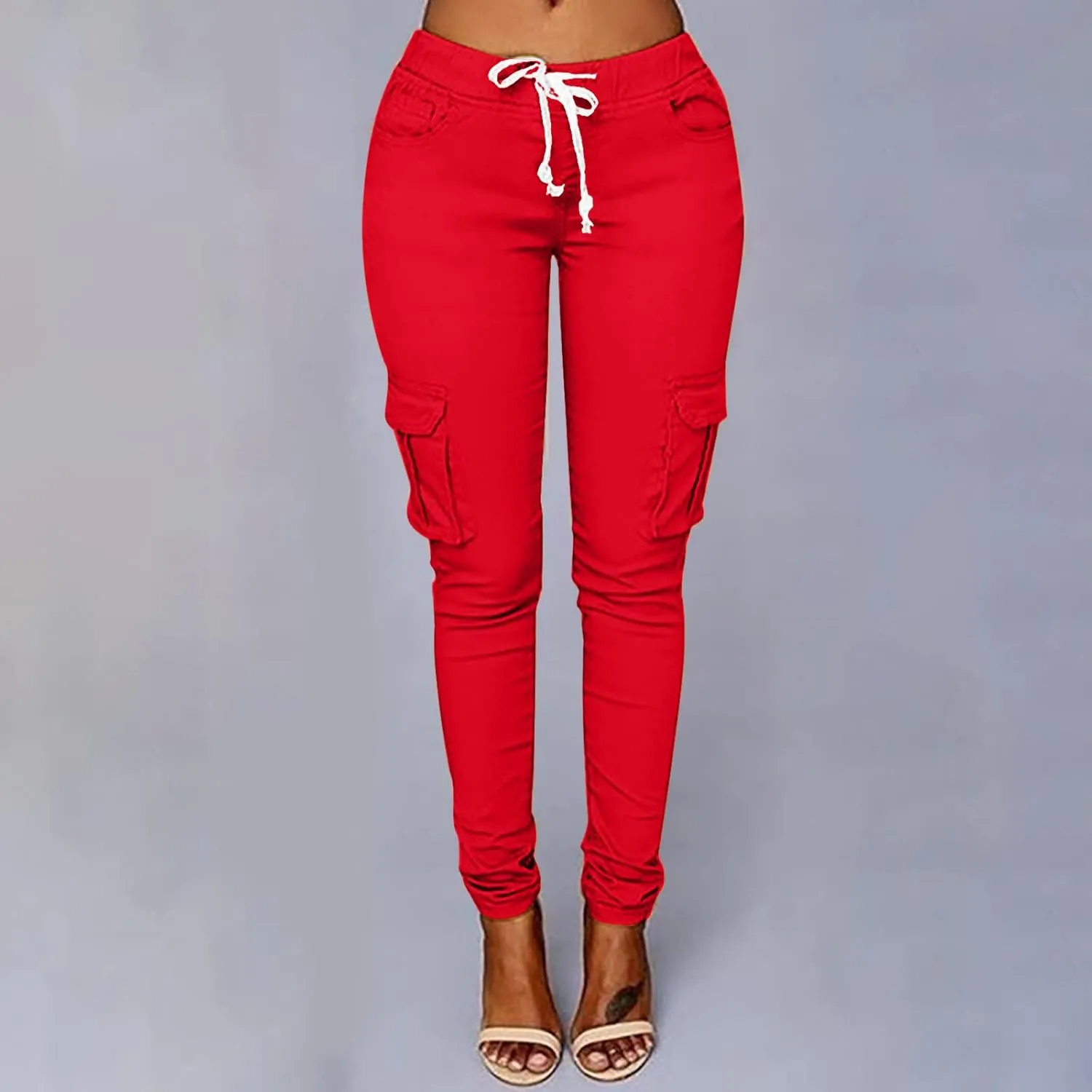 Women's Stretch Skinny Cargo Pants Casual High Waist Drawstring Cargo Joggers Butt Lift Pencil Trousers with Pockets