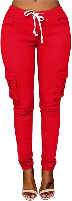 Women's Stretch Skinny Cargo Pants Casual High Waist Drawstring Cargo Joggers Butt Lift Pencil Trousers with Pockets