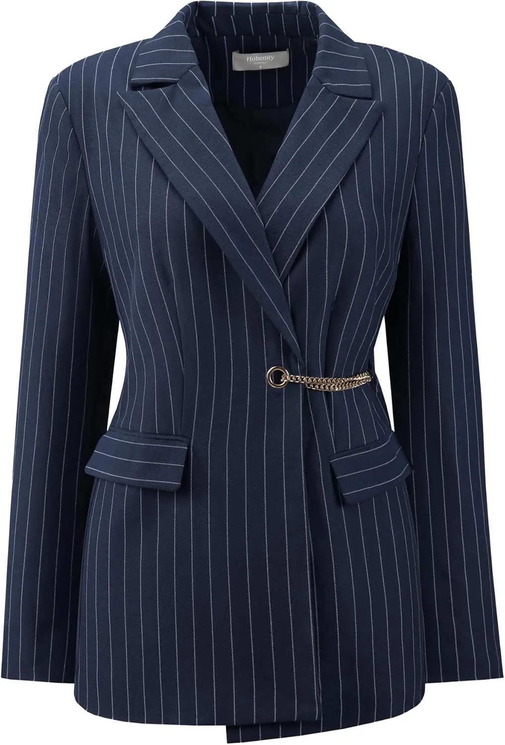 Women's Striped Blazers Lapel Collar Chain Decor Long Sleeve Work Office Jackets