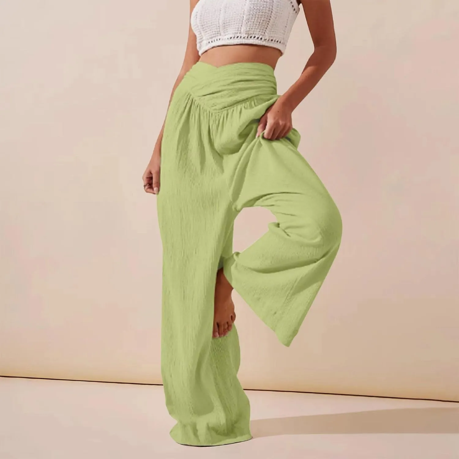 Women's Stylish Linen Palazzo Pants V-Crossover Waisted Wide Leg Casual Lounge Trousers Summer Boho Yoga Beach Pants