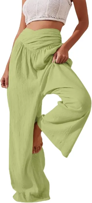 Women's Stylish Linen Palazzo Pants V-Crossover Waisted Wide Leg Casual Lounge Trousers Summer Boho Yoga Beach Pants