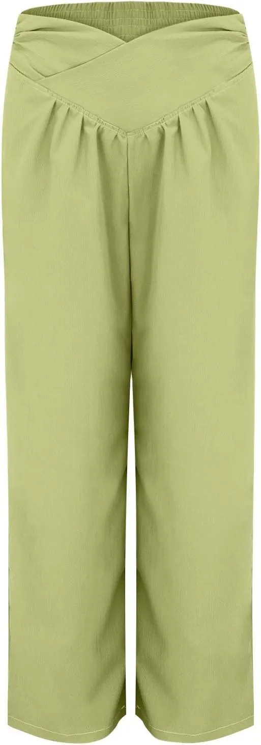 Women's Stylish Linen Palazzo Pants V-Crossover Waisted Wide Leg Casual Lounge Trousers Summer Boho Yoga Beach Pants