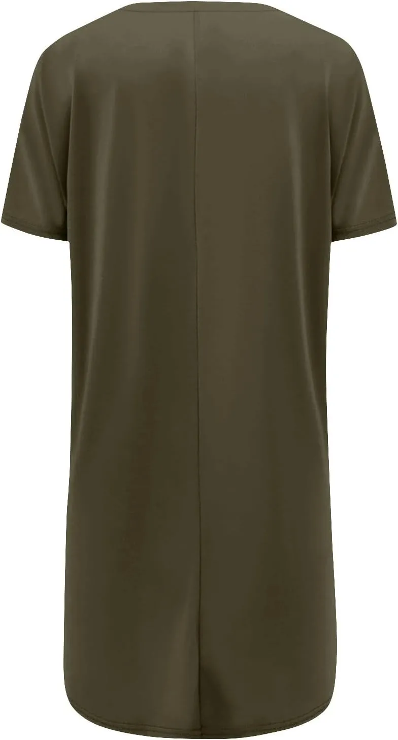 Womens Summer 2025 Casual Short Sleeve V Neck Shirts Loose Fit Oversized Tshirts Tunic Tops With Pockets