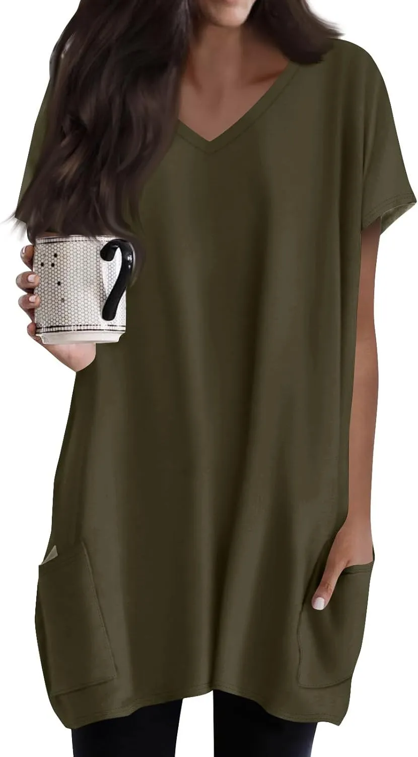 Womens Summer 2025 Casual Short Sleeve V Neck Shirts Loose Fit Oversized Tshirts Tunic Tops With Pockets