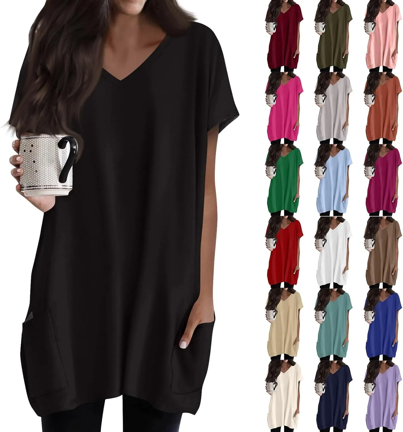 Womens Summer 2025 Casual Short Sleeve V Neck Shirts Loose Fit Oversized Tshirts Tunic Tops With Pockets