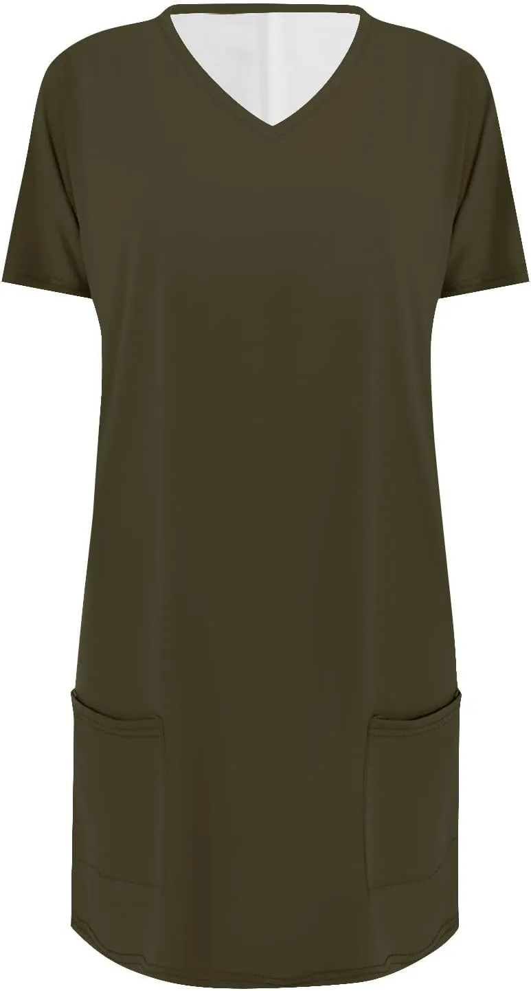Womens Summer 2025 Casual Short Sleeve V Neck Shirts Loose Fit Oversized Tshirts Tunic Tops With Pockets