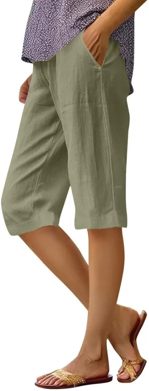 Womens Summer Cotton Linen Pants Casual Knee Length Capri Trousers Loose Beach Bermuda Shorts with Pockets