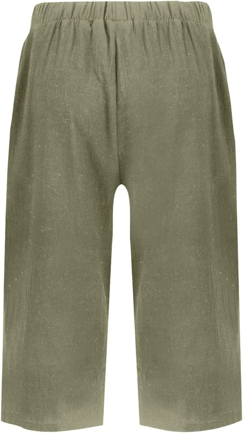 Womens Summer Cotton Linen Pants Casual Knee Length Capri Trousers Loose Beach Bermuda Shorts with Pockets
