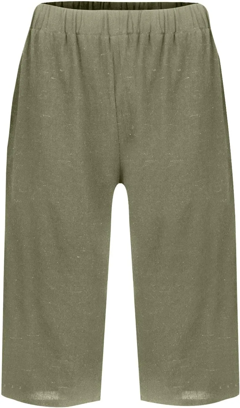 Womens Summer Cotton Linen Pants Casual Knee Length Capri Trousers Loose Beach Bermuda Shorts with Pockets