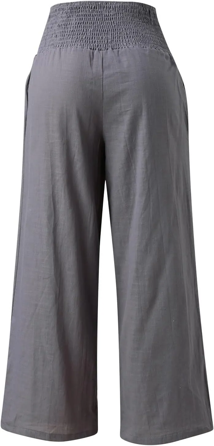 Women's Summer Cotton Linen Wide Leg Pants Drawstring high Waist Palazzo Flowy Beach Trousers