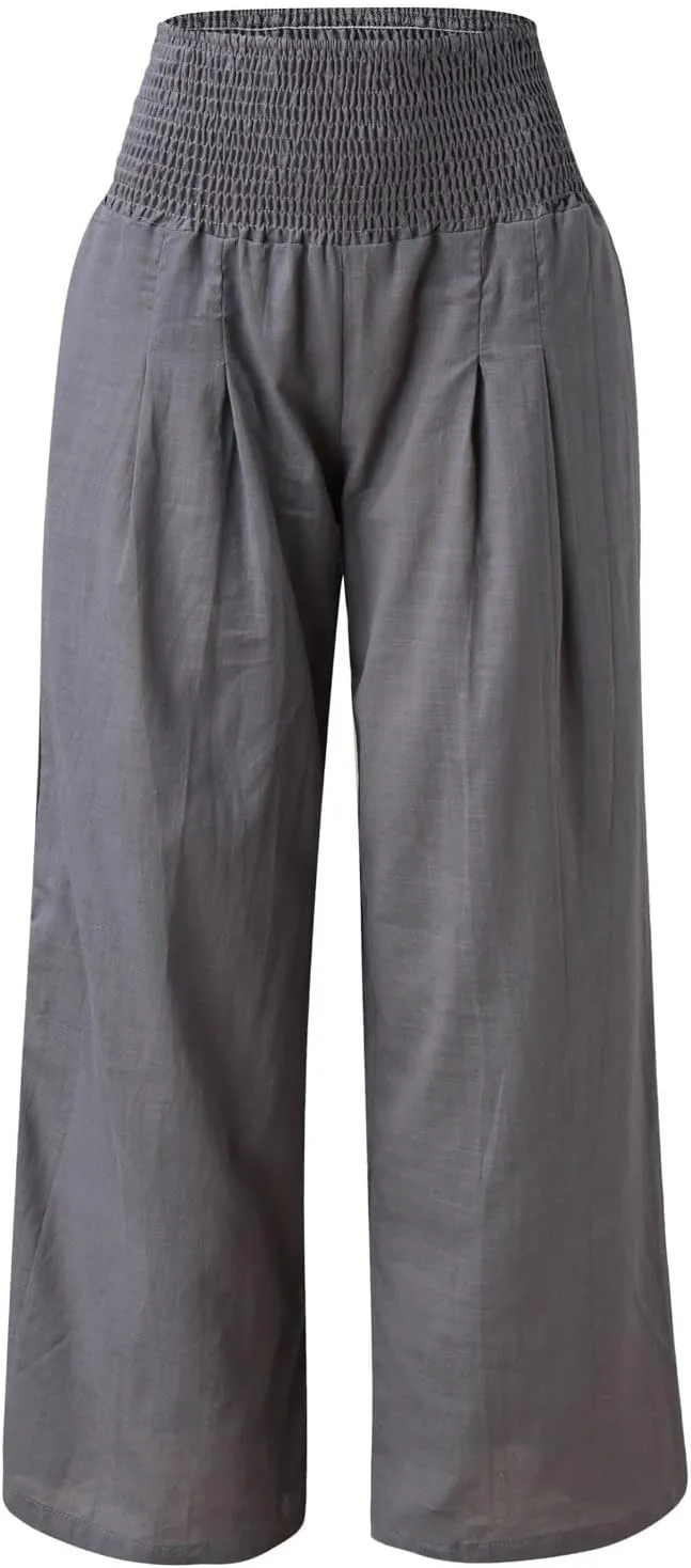 Women's Summer Cotton Linen Wide Leg Pants Drawstring high Waist Palazzo Flowy Beach Trousers