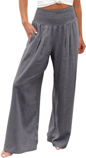 Women's Summer Cotton Linen Wide Leg Pants Drawstring high Waist Palazzo Flowy Beach Trousers