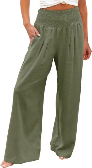 Women's Summer Cotton Linen Wide Leg Pants Drawstring high Waist Palazzo Flowy Beach Trousers