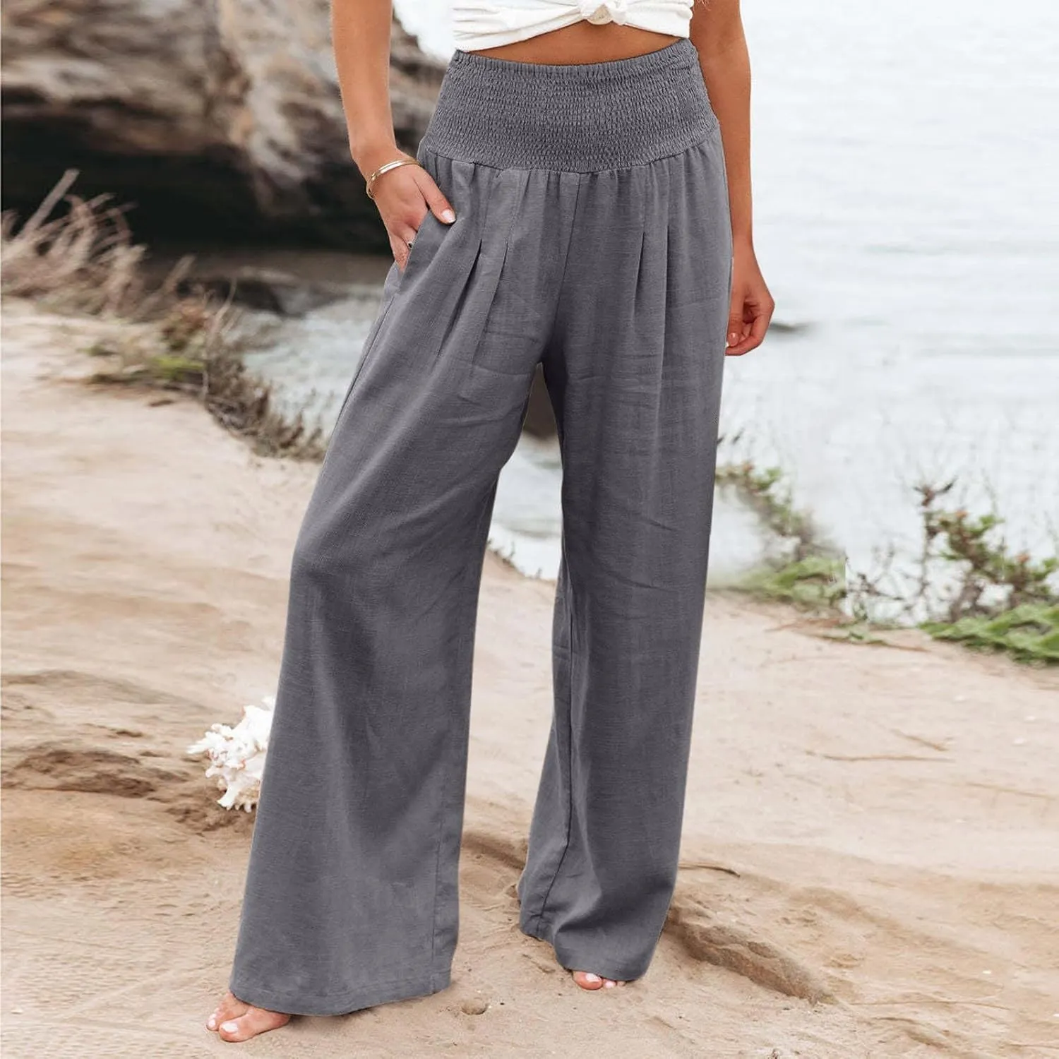 Women's Summer Cotton Linen Wide Leg Pants Drawstring high Waist Palazzo Flowy Beach Trousers