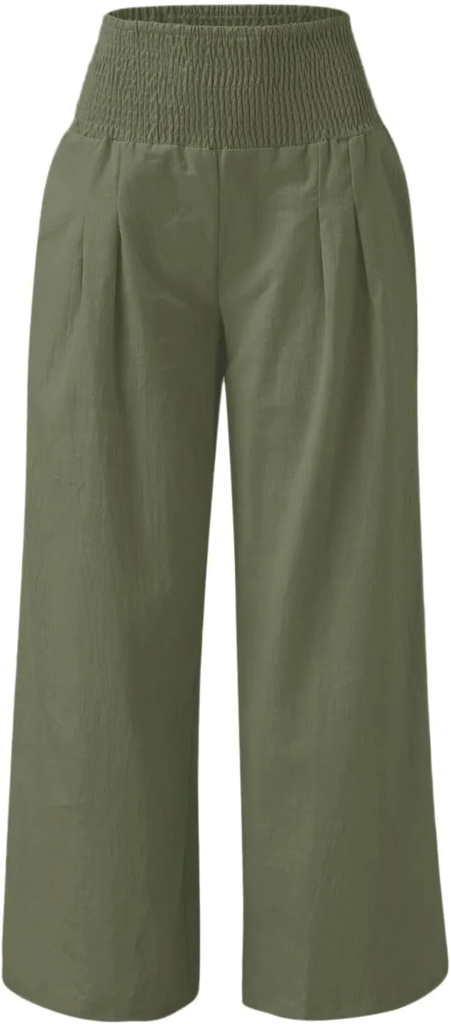 Women's Summer Cotton Linen Wide Leg Pants Drawstring high Waist Palazzo Flowy Beach Trousers