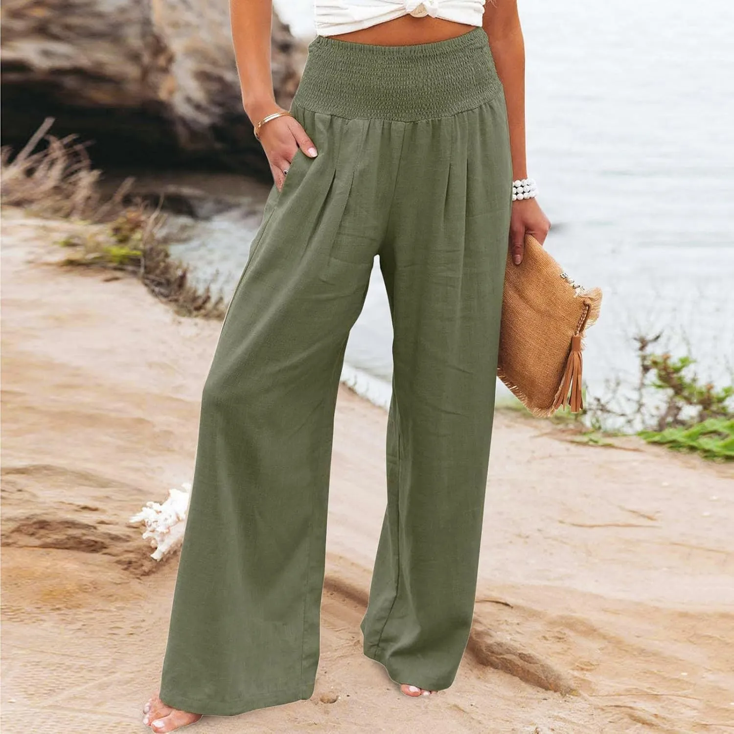 Women's Summer Cotton Linen Wide Leg Pants Drawstring high Waist Palazzo Flowy Beach Trousers