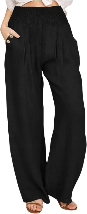 Women's Summer High Waisted Cotton Linen Pants with Pockets Wide Leg Long Lounge Palazzo Pants Loose Flowy Trousers