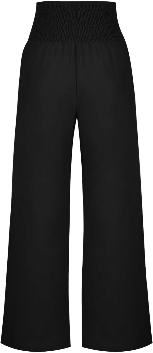 Women's Summer High Waisted Cotton Linen Pants with Pockets Wide Leg Long Lounge Palazzo Pants Loose Flowy Trousers