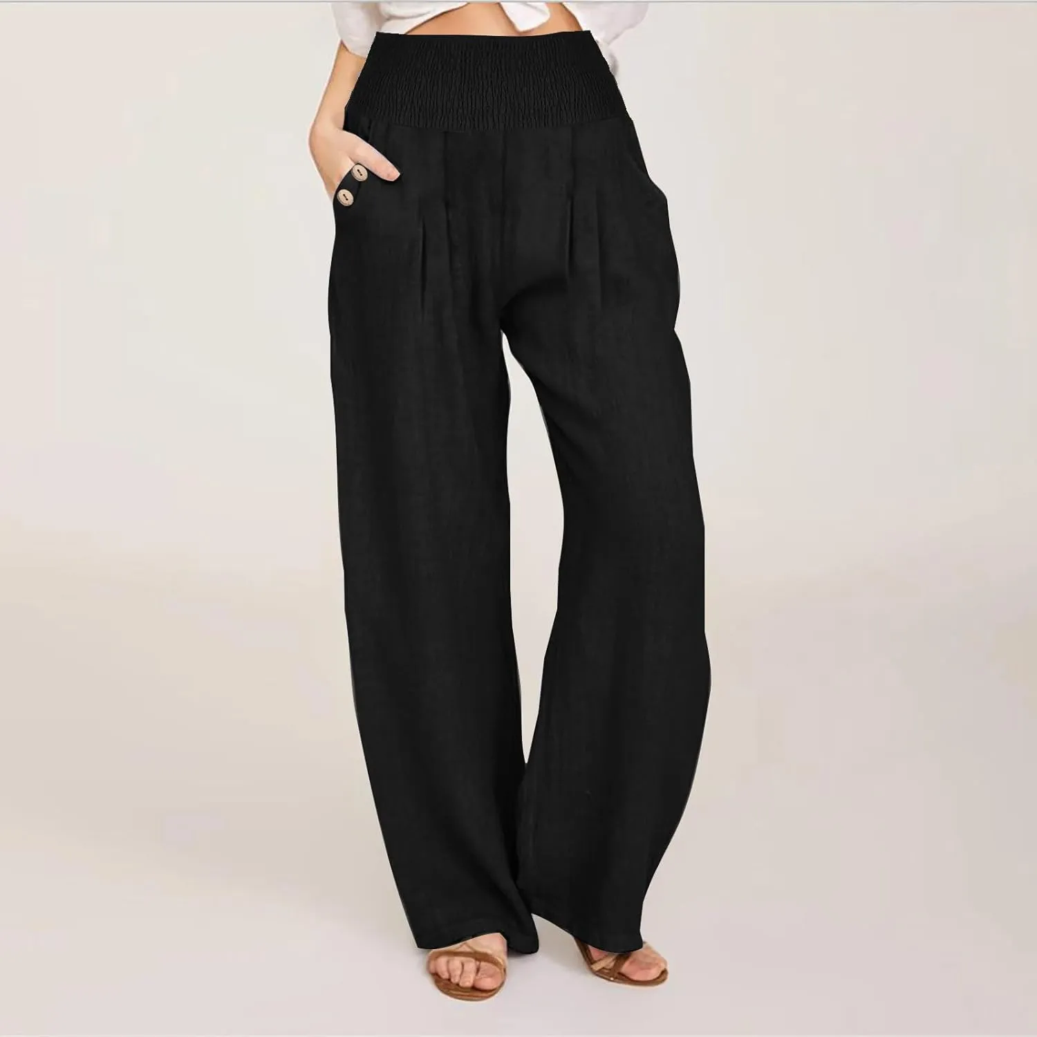 Women's Summer High Waisted Cotton Linen Pants with Pockets Wide Leg Long Lounge Palazzo Pants Loose Flowy Trousers