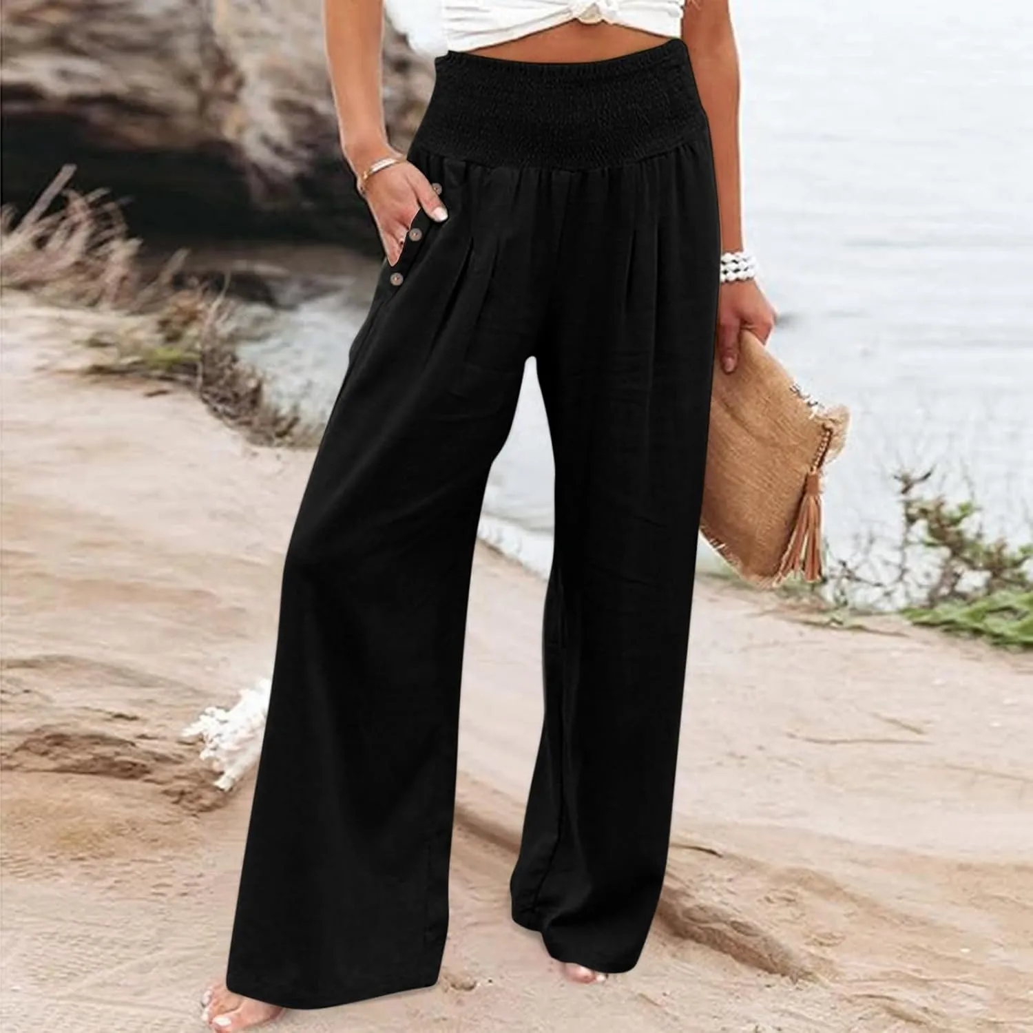 Women's Summer High Waisted Cotton Linen Pants with Pockets Wide Leg Long Lounge Palazzo Pants Loose Flowy Trousers