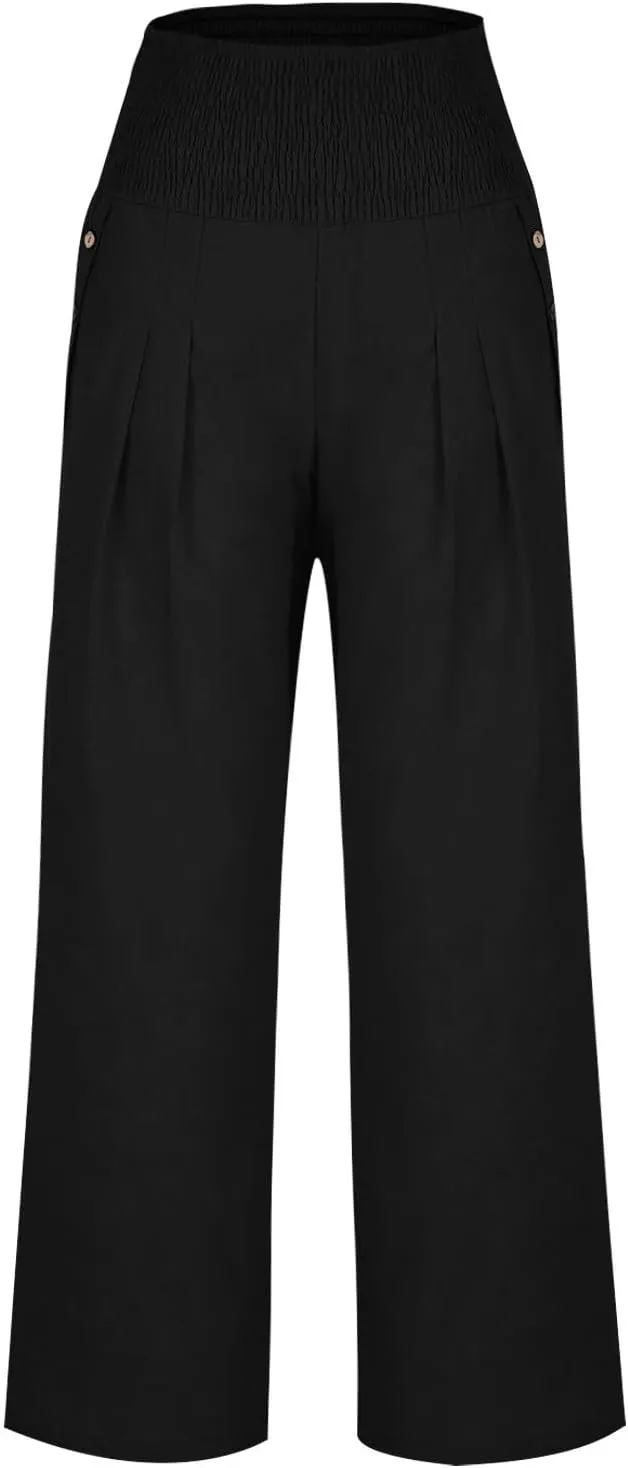 Women's Summer High Waisted Cotton Linen Pants with Pockets Wide Leg Long Lounge Palazzo Pants Loose Flowy Trousers